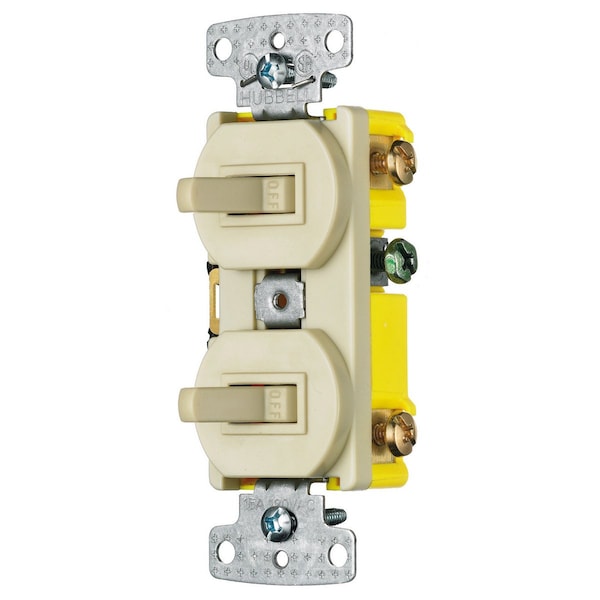 Hubbell Wiring Device-Kellems Switches and Lighting Controls, Combination Devices, Residential Grade, 2) Three Way Toggles, 15A 120V AC, Self Grounding, Side Wired, Ivory RC303I - main